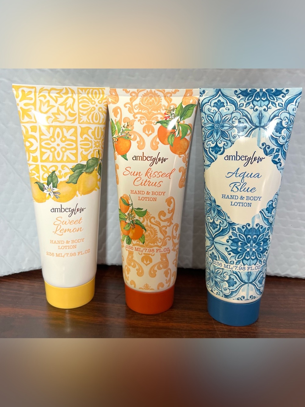Amber glow hand and body lotion: Sun kissed citrus/ Sweet Lemon/ Aqua Blue.